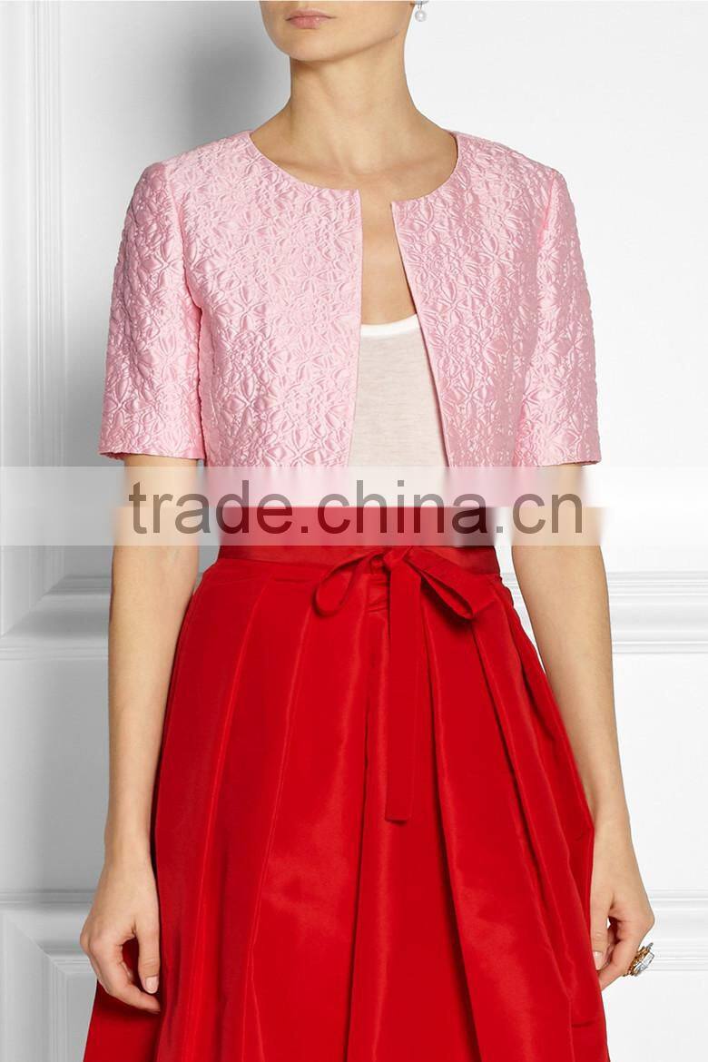 2015 spring/summer ladies short sleeve pink jacquard jacket SYA15057