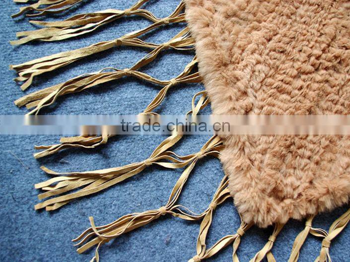Knitted Rabbit fur shawl sale rabbit sheared fur with leather trim fringies,KZ14135
