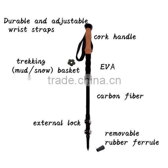 three sections carbon fiber cork handle adjustable telescopic trekking pole nordic walking stick