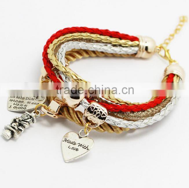 New Vintage Fashion Simple Metal Made With Love Heart Christmas Tree Charm Multilayer Leather Bracelet