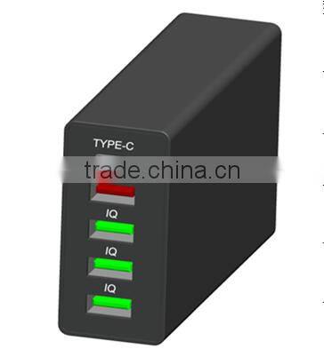 New, Hot, Multifunctional Type C, QC2.0, IQ chip 5 Port USB Charger, 5V 10A CE, UL, FCC approved