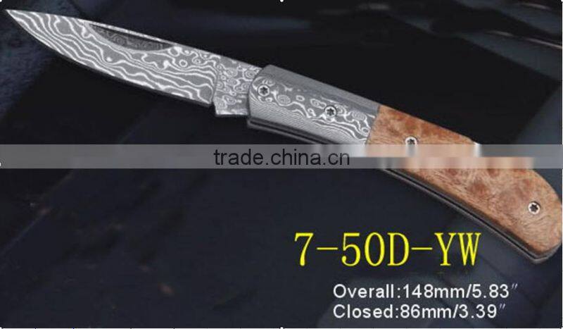 OEM handmade Damascus collection folding knife, mountain hiking small knife, natural wood handle