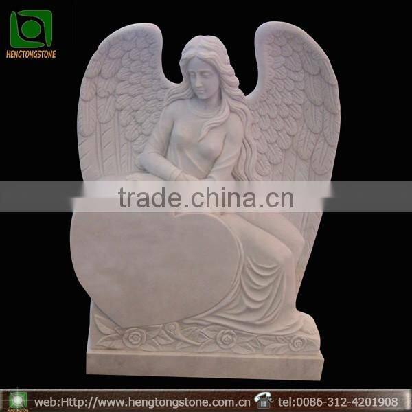 White Marble Carved Angel with Heart Design Headstone