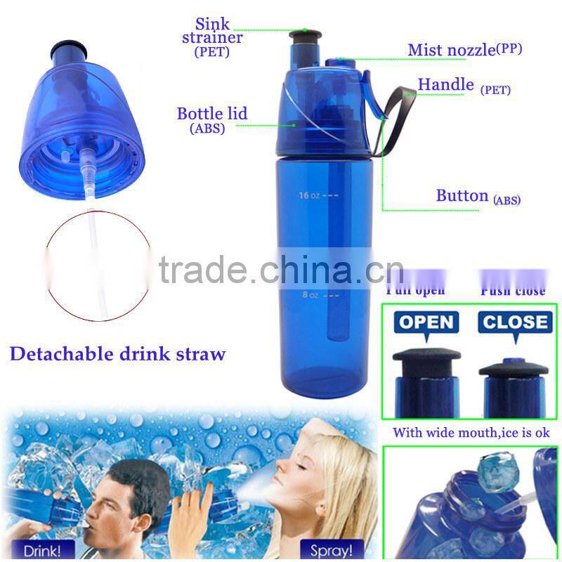 Dual functional water drink and spray Mist Squeeze Bottle sport Water Bottle with Mist Sprayer