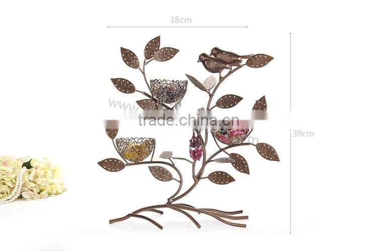 Metal jewelry tree display stand with 3 bird nest