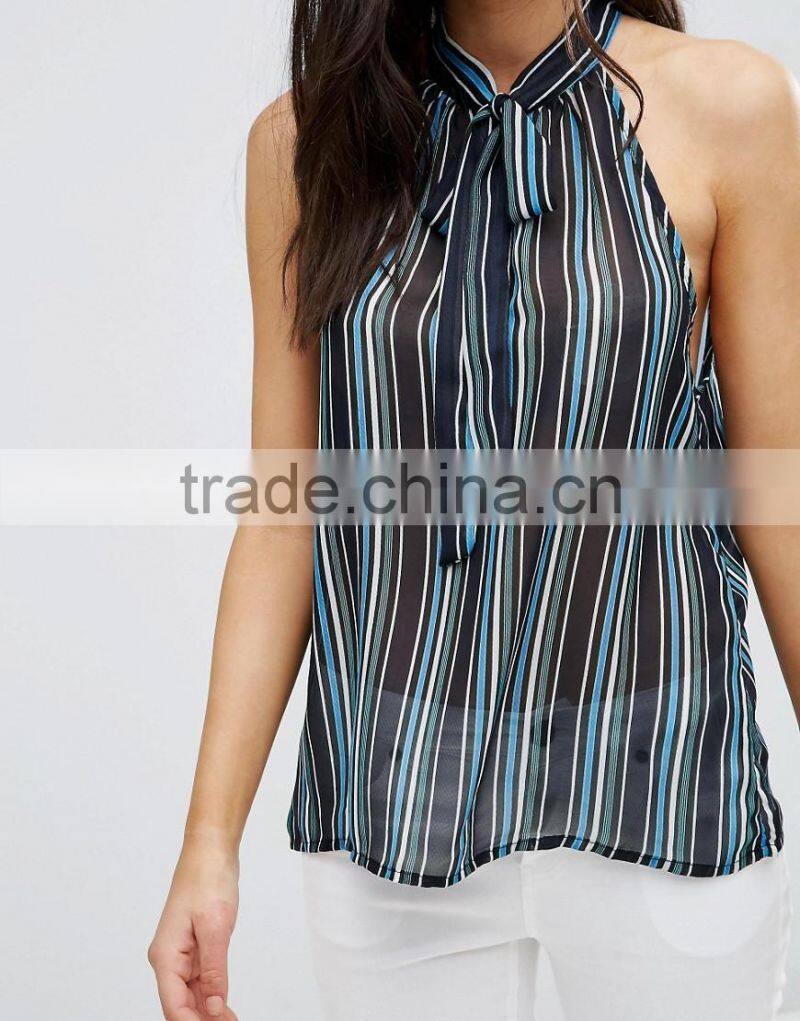 Sleeveless Striped Shirt with print chiffon