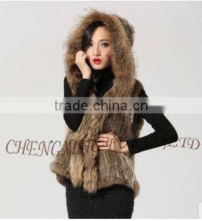 CX-G-B-216 New Style Short Raccoon Fur Trim Knitted Rabbit Fur Coat Hood