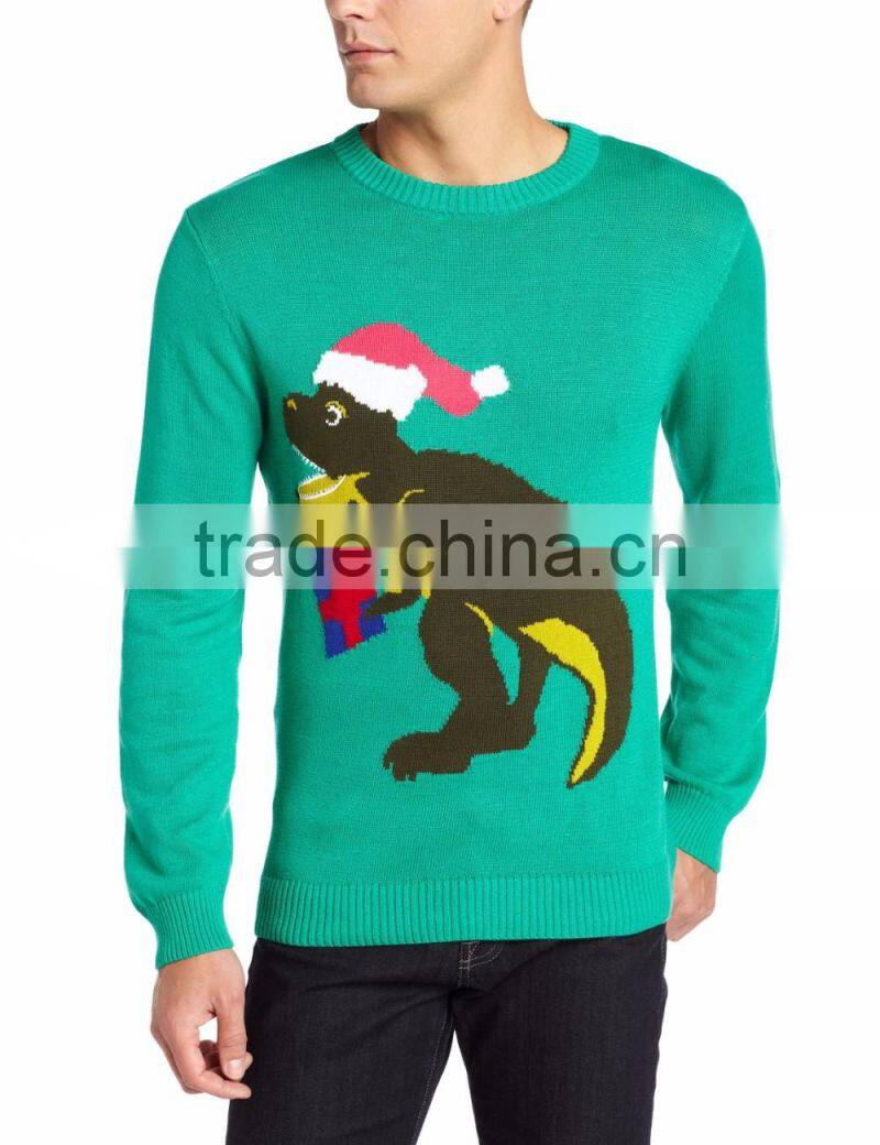 Men Light Green Sweater Hat Dinosaur Pattern Christmas Jumpers With Lights