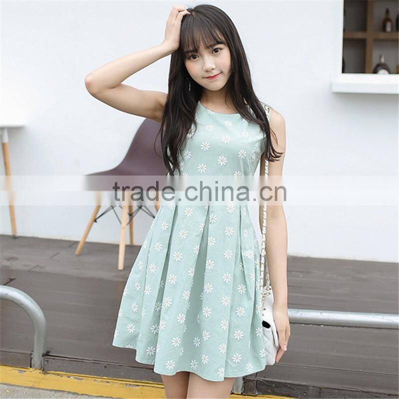 summer new design young lady dress fashion printed cotton linen A-LINE embroidered dress Sleeveless vest dress