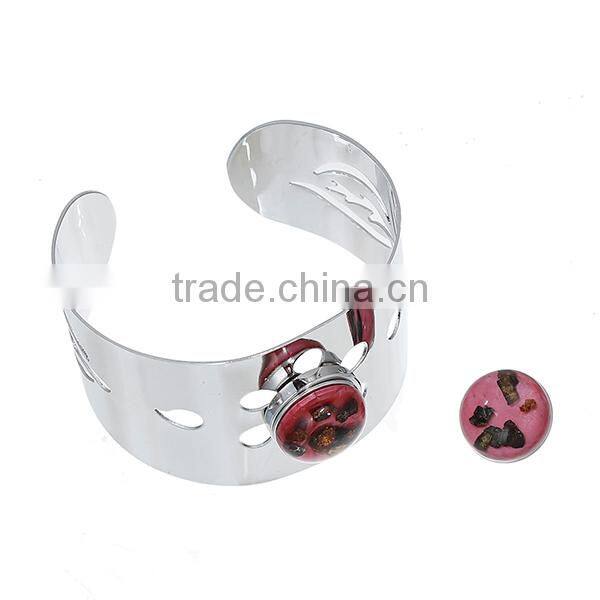 Iron Based Alloy Snap Button Open Cuff Bangles Bracelets Fit 18mm/20mm Snap Buttons Silver Tone Round Flower Hollow