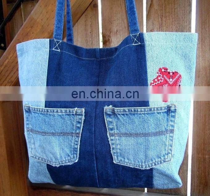 Blue Denim Shoulder Bag Shopper Tote Purse Pockets Heart Patch