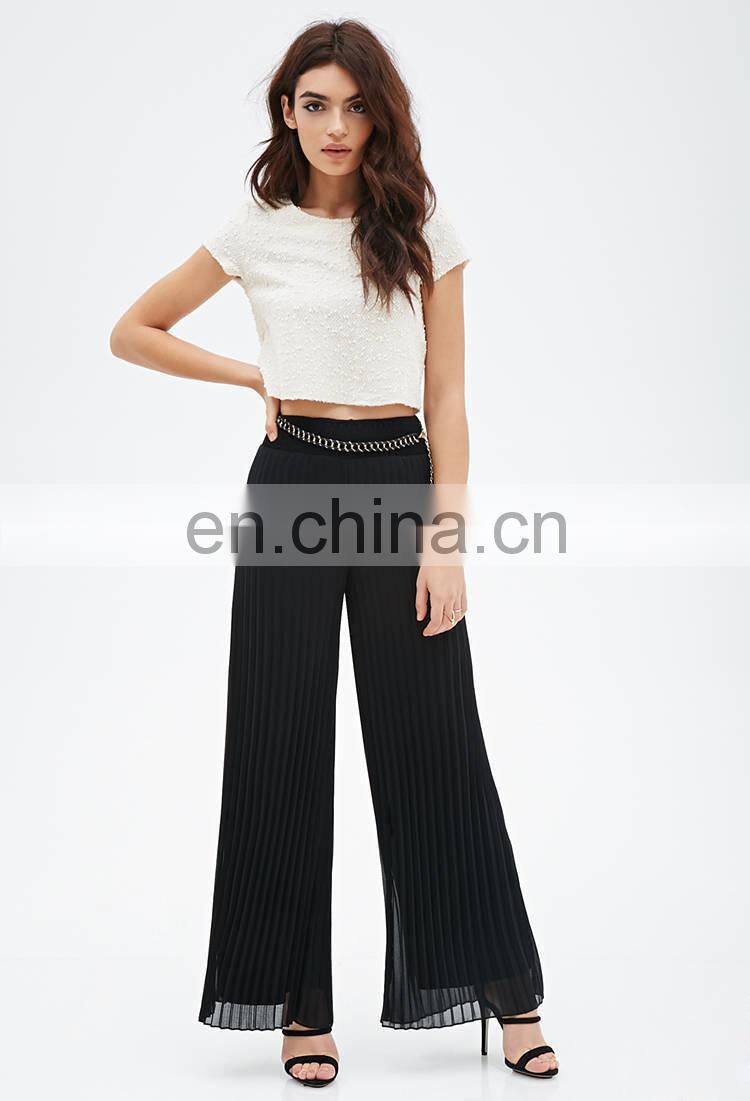 Woman Loose Soft Touch Black Wrinkle Pleated Wide Leg Pants