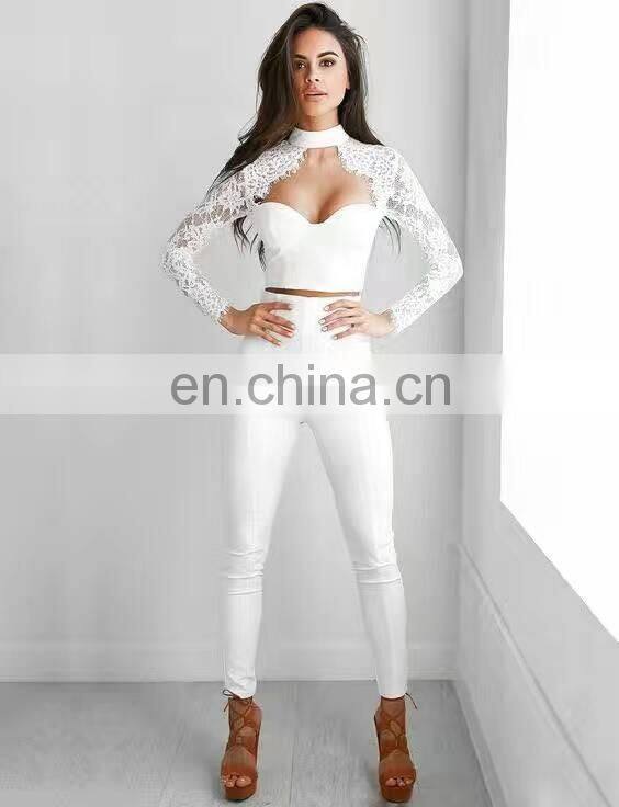 Amigo 2017 new design two piece sexy party wear bandage pants suit with long sleeve lace dew chest crop top and bodycon trouser