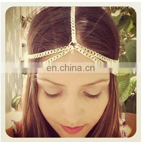 gold plated 2 layer chain headband hair accessories double layers thick chain hair band for ladies