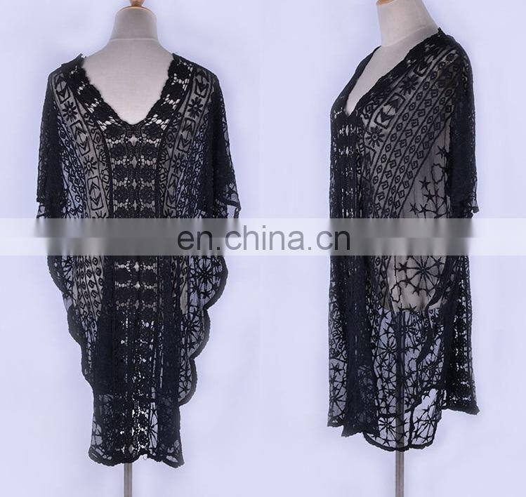 2019 Sexy See Through V-Neck Bats Sleeve V Back Loose Summer Beach Dress Lace Tunic Women Beachwear Plus Size Sarong Plage