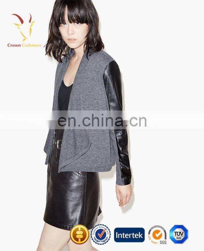 Woolen Female Cardigan Sweater with Leather Sleeve