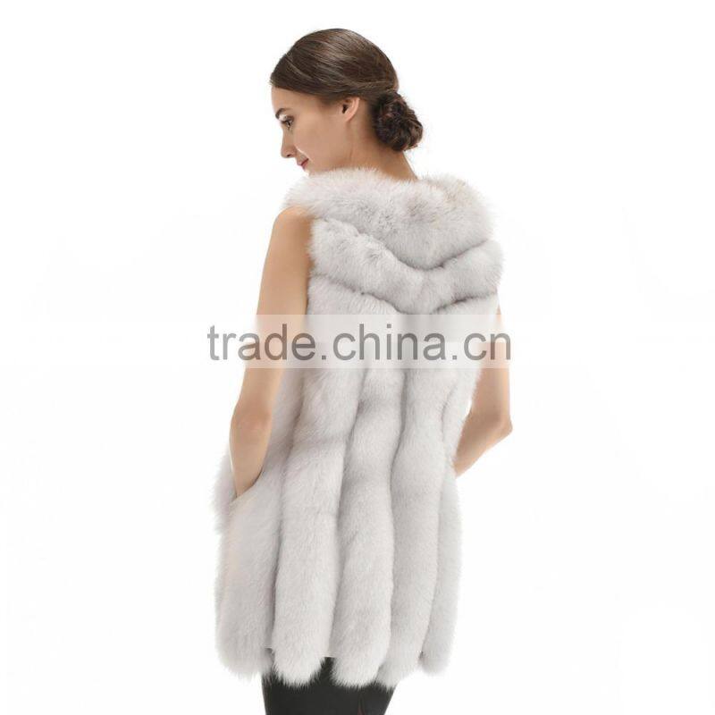 New Arrival Long Style 2015 Luxurious Whole Hide Big Bar Real White Fox Fur Vest With Trimming