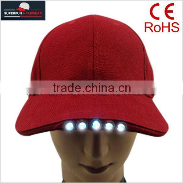 100% cotton 6 panels red cap with built-in LED light