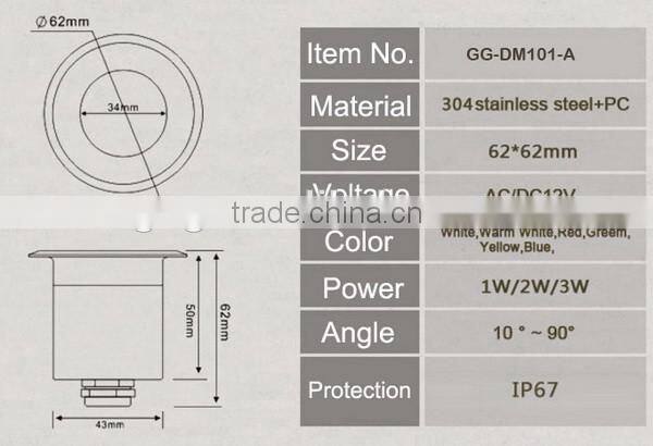 High power outdoor IP67Ground Recessed 1W 3W 12v led inground light