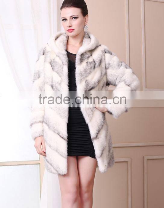emk1453 newest style lady cross mink fur coat with hood