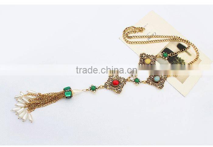 Ethnic gold jewellery square charm pearl drop metal tassel necklace