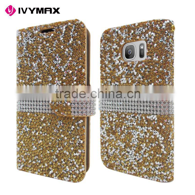 IVYMAX High Quality Luxury Rock Crystal Rhinestone PU Leather Diamond Wallet Case Flip Cover For Samsung Galaxy S7/G930