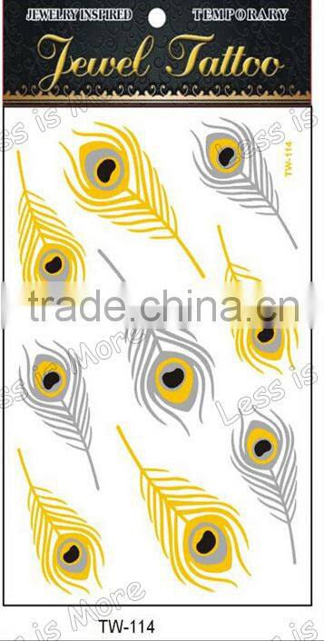 Feather water transfer customized gold tattoo supply, metallic temporary tattoo sticker