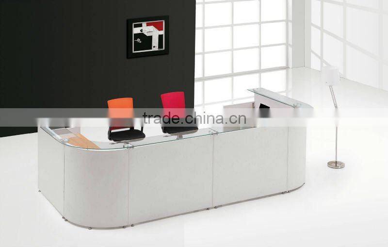 modern wooden reception table with I shaped steel leg