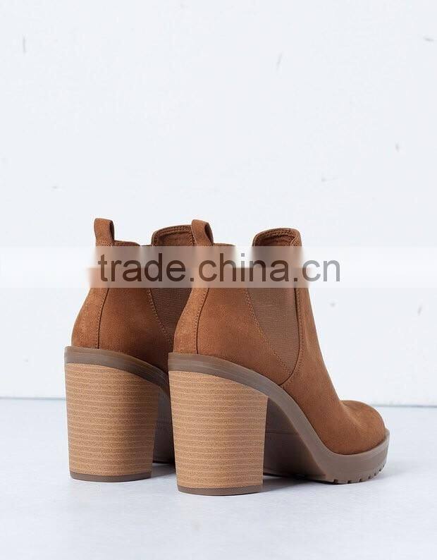 2016 high quality side gussets decorated camel microsuede upper TPR outsole women high heel boots shoes