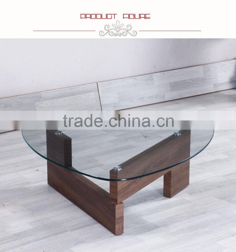 Oval glass top wooden leg coffee table made in China