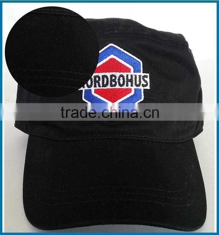 highly praised custom fashion hot selling small logo on side black flat 100% cotton 3d embroidery military army hat caps