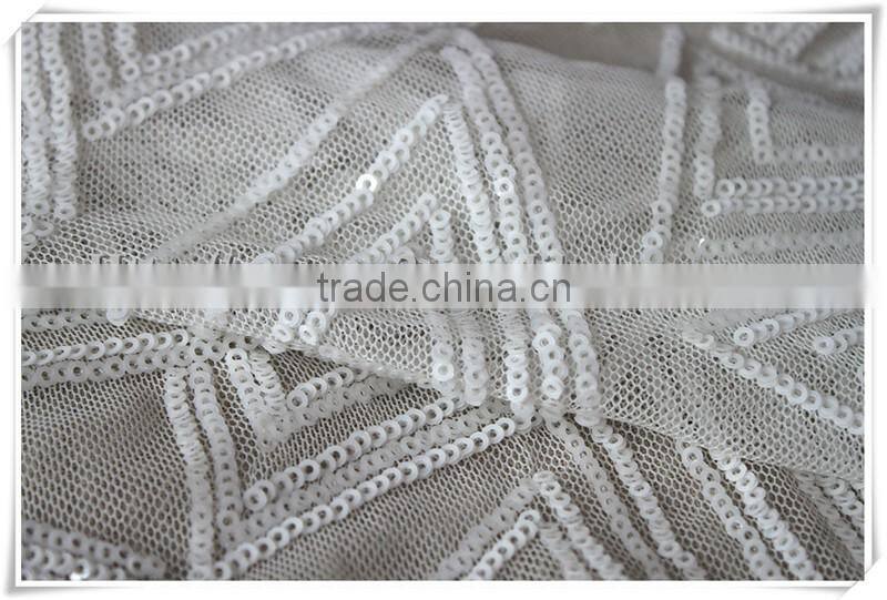 Latest white sequin mesh fabric, wholesale sequin polyester mesh fabric