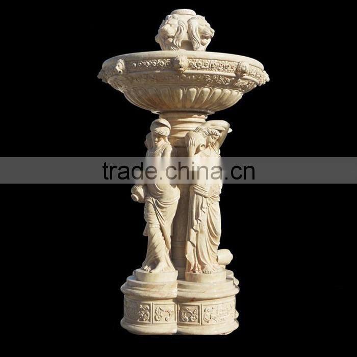 Beautiful garden sex girl and lion stone water fountain