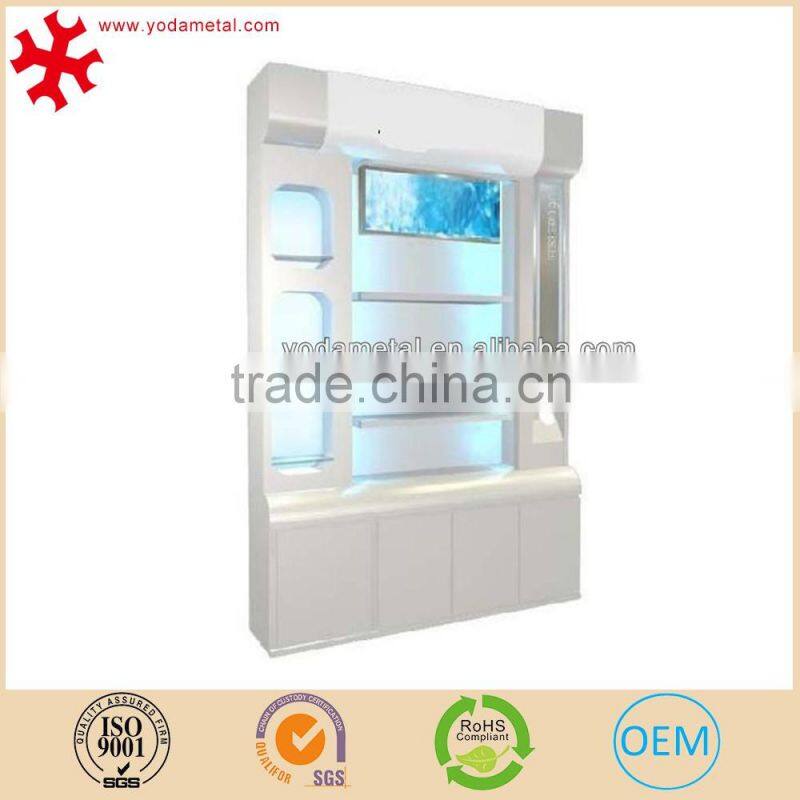 Modern glass cosmetic display stand with advertising board and led light