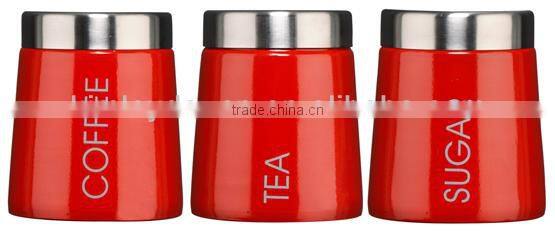 Red tea Coffee Sugar Canisters stainless steel lip set of 3