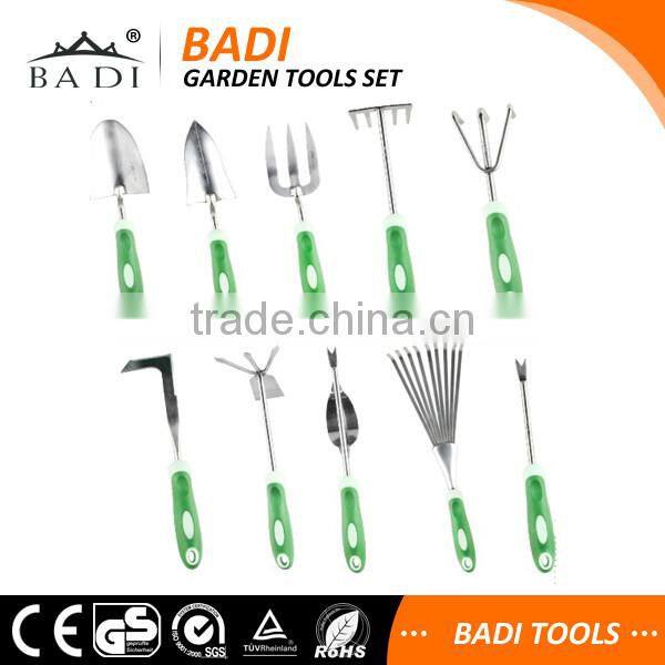 heavy duty plastic handle 10 pcs garden tools sets with garden rake/spade/kinfe/fork