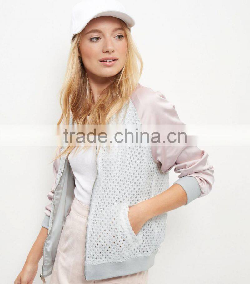 2017 Latest Design Custom Varsity Jacket Wholesale Soft Cotton Blend Casual Pink Raglan Baseball Reversible Lace Bomber Jacket