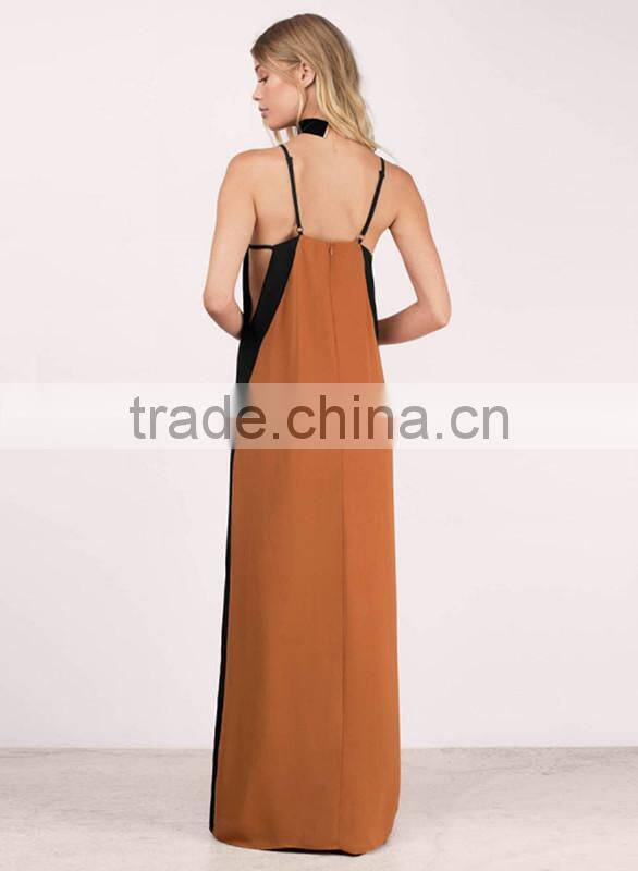 Woman Spaghetti Strap V Neck Chiffon Long Maxi Dress