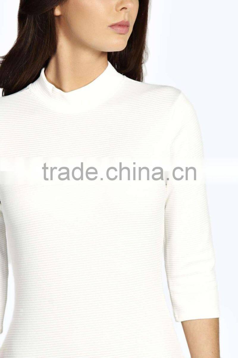 Latest fashion custom 3/4 sleeve rounded hem rib ladies simple casual white dress