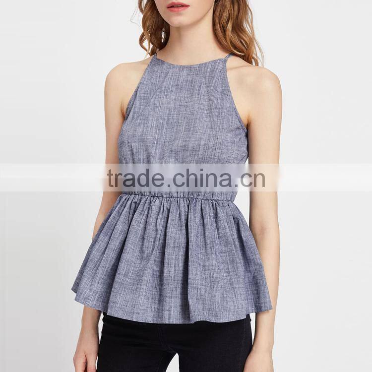 Wholesale Women Apparel Ruffle Spaghetti Strap Keyhole Back Linen Tank Top