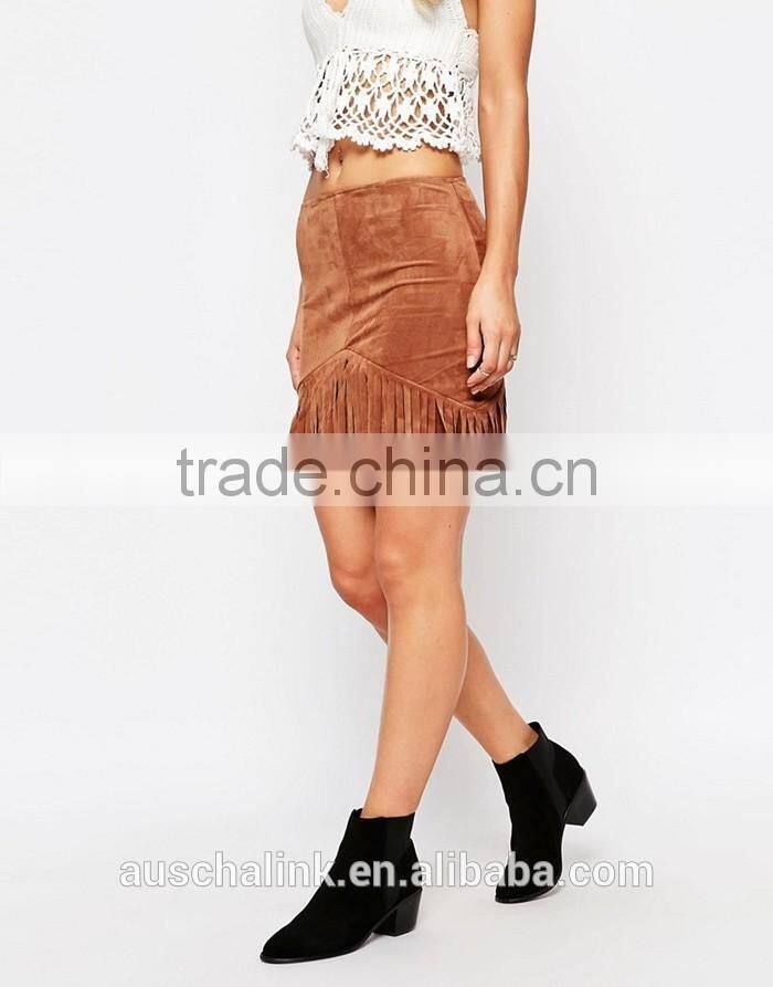 high rise nice design women slim fit fringe brown suede skirt