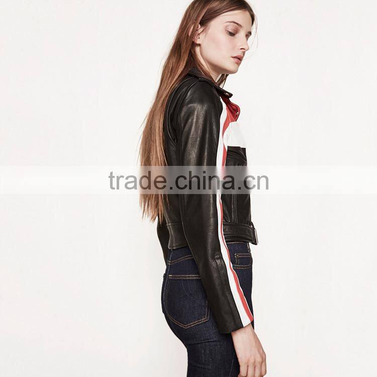 HAODUOYI Women Autumn Color Block PU Leather Bomber Jacket for Wholesale