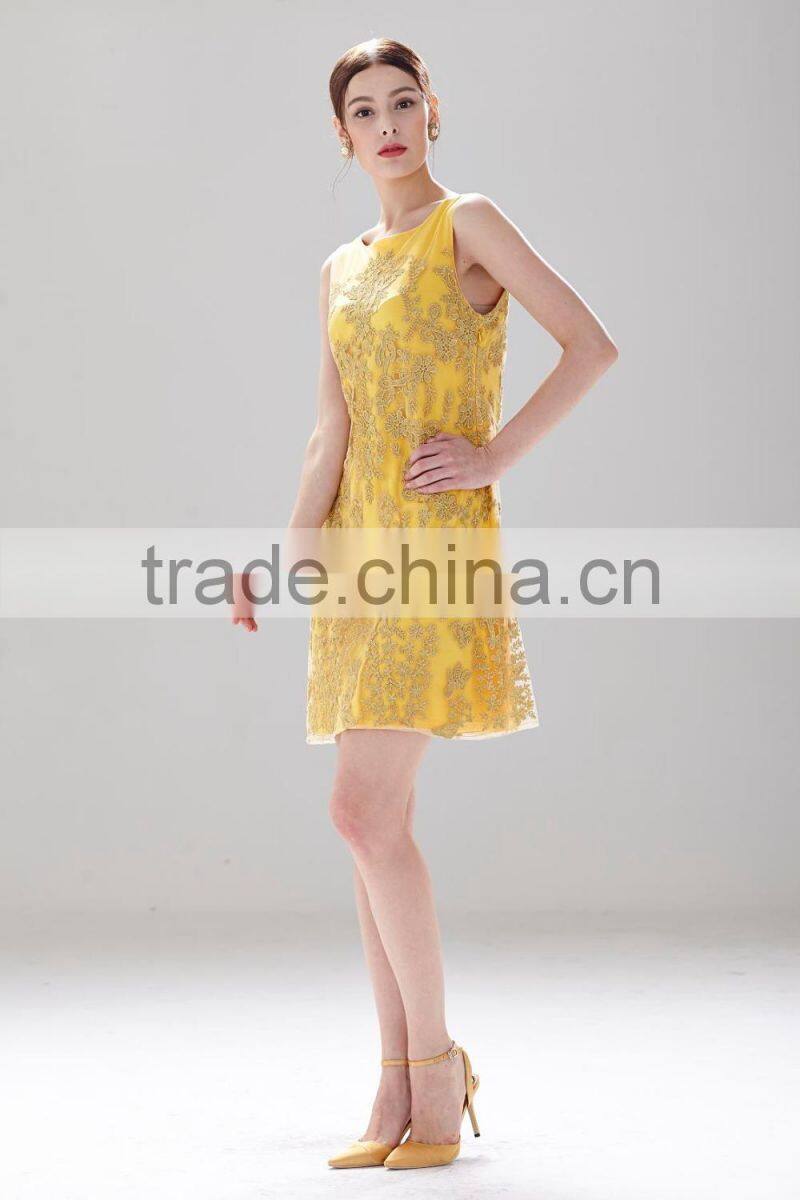 Boat -neck sleeveless gold chiffon ladies gorgeous fashion dress SR- D9793