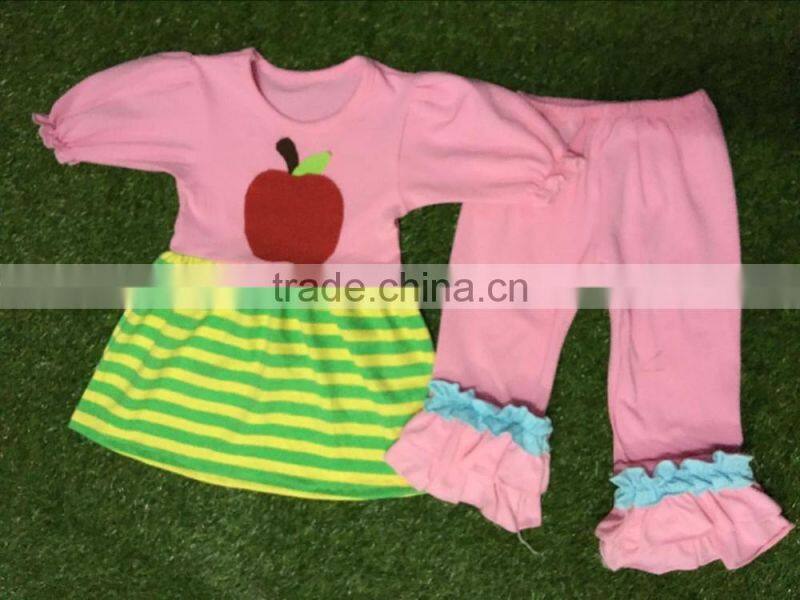 2016 back to school girl boutique clothing set red apple and Green stripes girls cotton frock designs with pink capris outfit