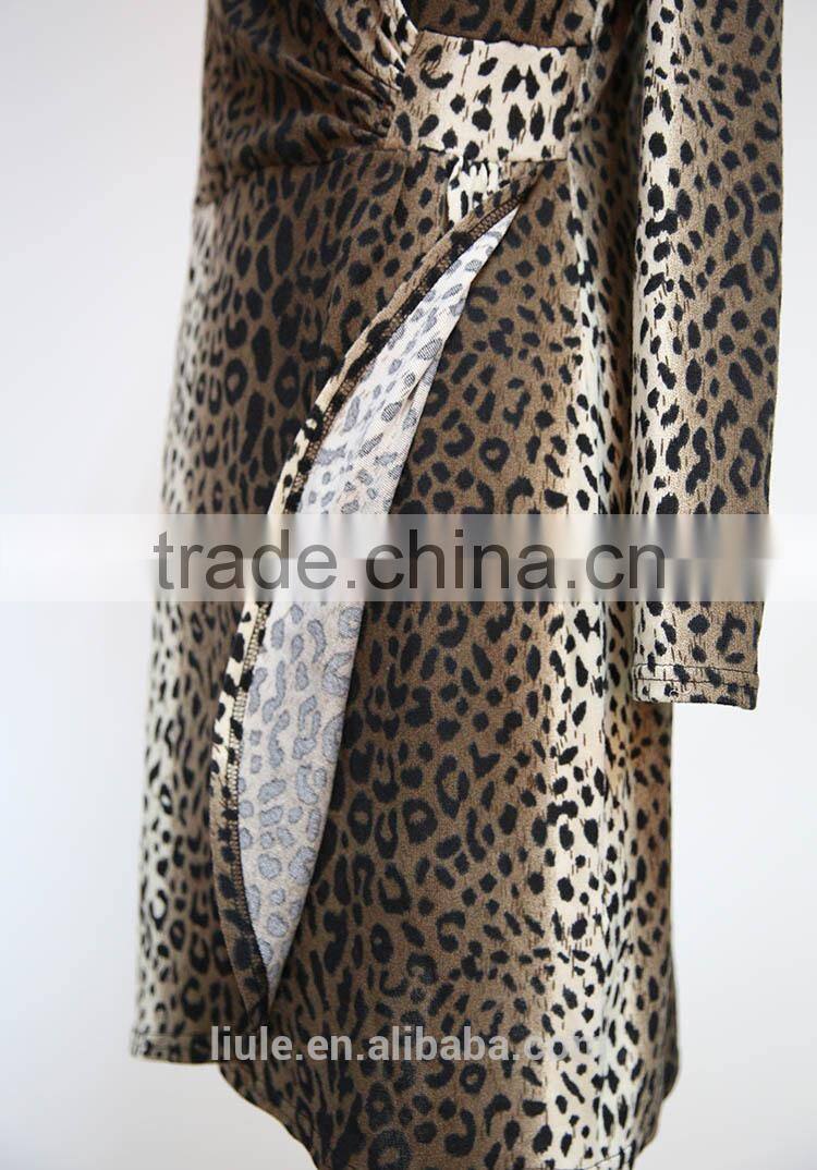 sexy deep v neck leopard printed irregular hem long sleeve dress short ladies night robe
