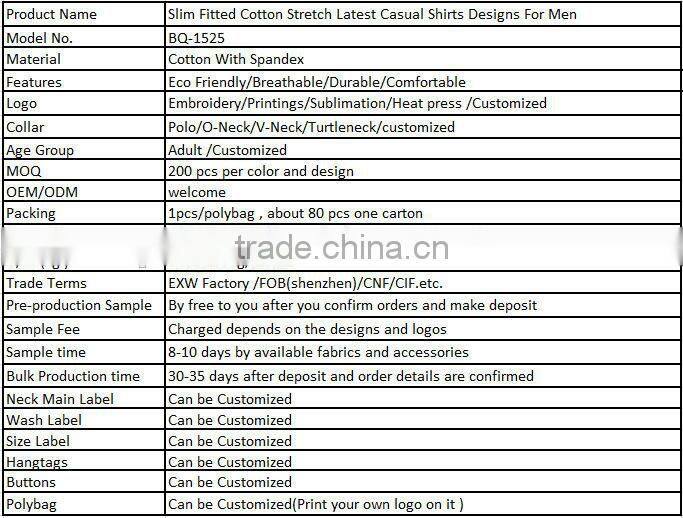 Slim Fitted Cotton Stretch Latest Casual Shirts Designs For Men