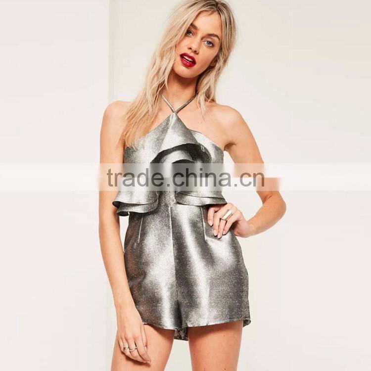 Guangzhou Supplier Fashion silver double layer halter romper women summer sexy playsuit for wholesale