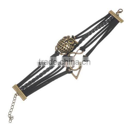 Velvet Braiding Bracelets Black W/Antique Bronze Infinity Symbol & Owl & Triangle Findings Halloween Ornaments 19cm