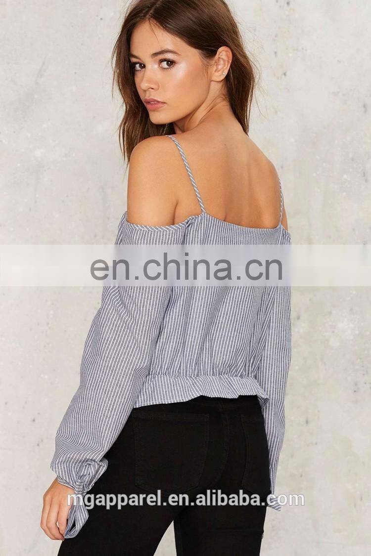 Women casual blouse designs cotton striped off shoulder blouse