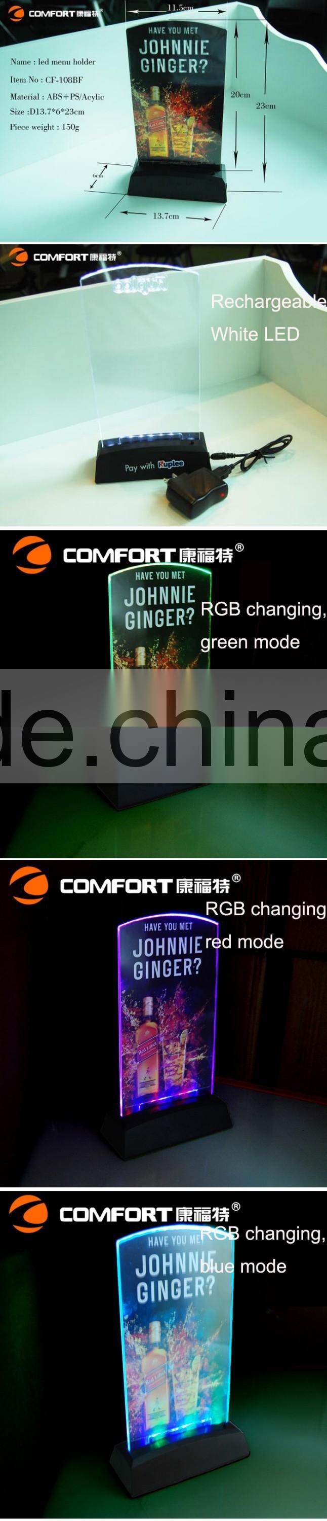 high quality illuminated clear plastic led menu covers